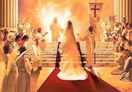 A bride walking up the aisle towards an altar with a fiery spectacle in the background, surrounded by attendees in white robes with some carrying banners.