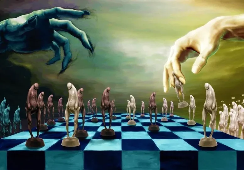 Two giant hands poised over a chessboard with pieces shaped like human figures, under a surreal, colorful sky.