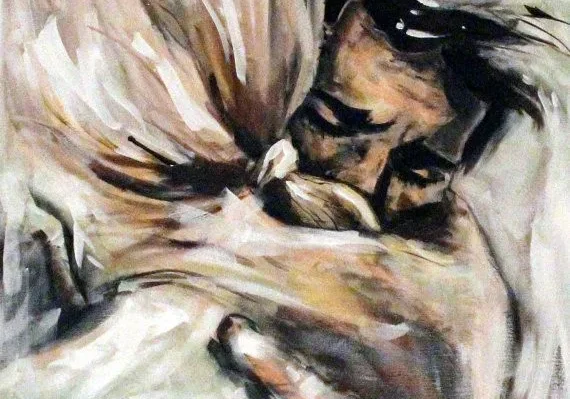 An expressive painting of an emotional embrace between two people.