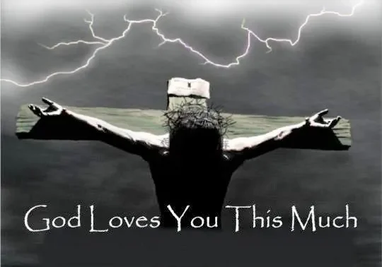 Illustration of a crucifix with outstretched arms and the message "god loves you this much" against a stormy backdrop with lightning.