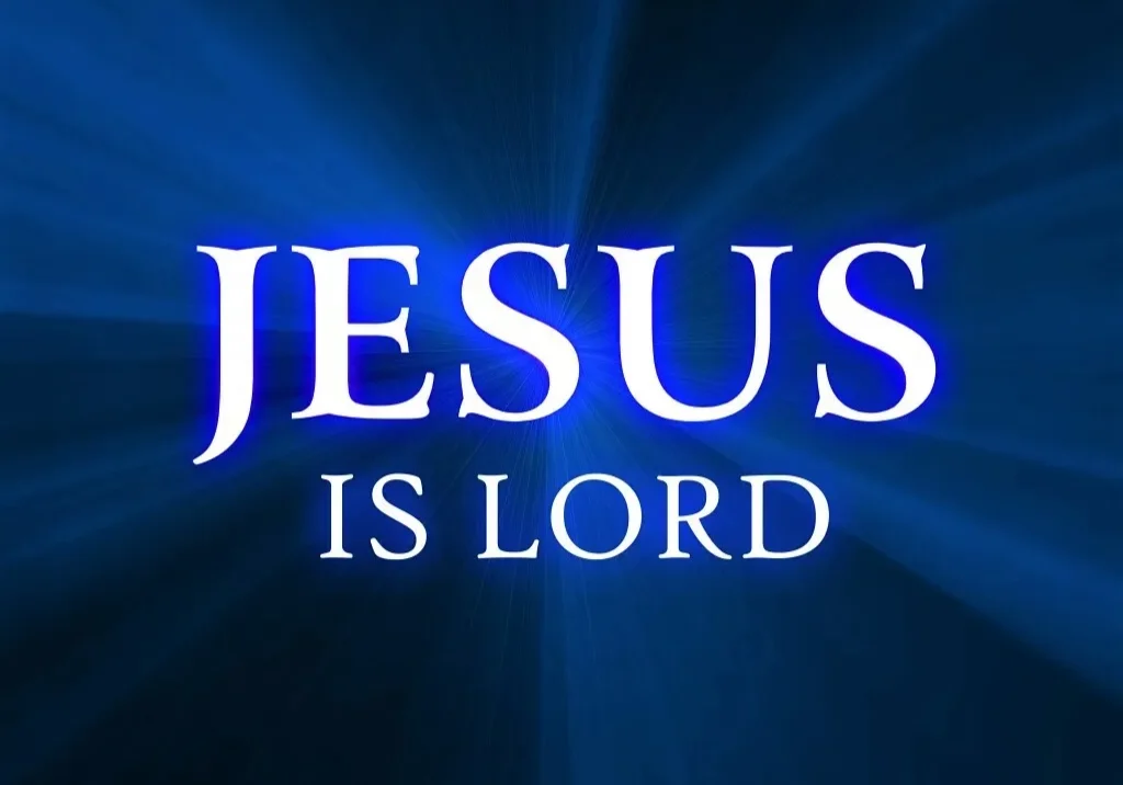 Graphic with text "jesus is lord" against a blue radiant background.