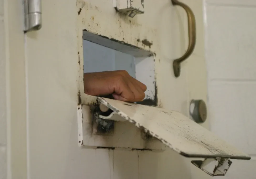 A person's hand is visible through the food tray slot of a weathered prison cell door.