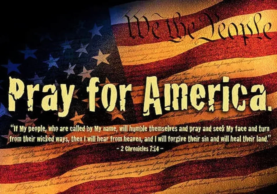 American flag backdrop with a call to prayer and a biblical quote, overlaid on the united states constitution's opening phrase "we the people.