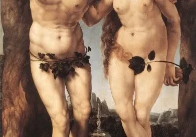 Adam and eve depicted in a renaissance painting, characterized by detailed human figures and a background suggesting the garden of eden.