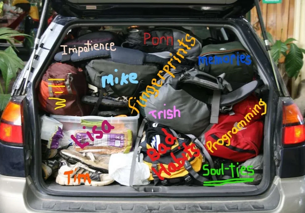 A car trunk full of various bags and items with colorful words superimposed that seem to represent abstract concepts or personal associations.