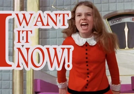 A girl in a red dress with an insistent expression and text that says "i want it now!.