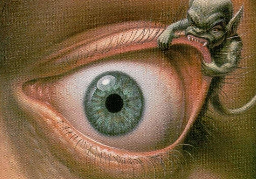 A fantastical creature pulling on the upper eyelid of a large, realistic human eye.