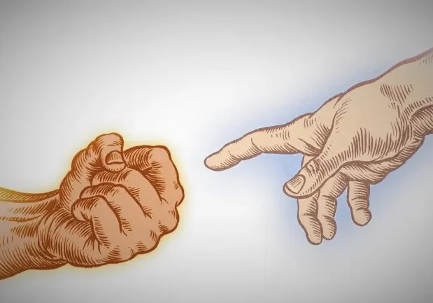 Illustration of two hands reaching towards each other, reminiscent of michelangelo's "the creation of adam".