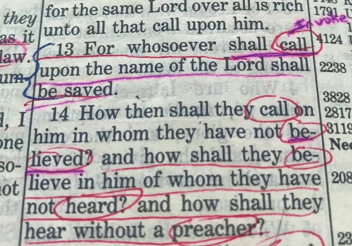 Highlighted verses in a bible with the word "call" circled in pink and "be" underlined in purple.