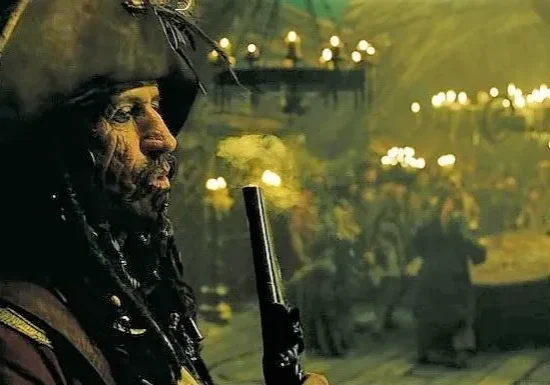 A person in pirate attire holding a weapon with a dimly lit tavern scene in the background.