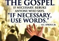 An image featuring a quote on religious evangelism attributed to r.c. sproul jr., emphasizing the use of words in preaching the gospel, set against a background of a person holding a bible and a crowd.