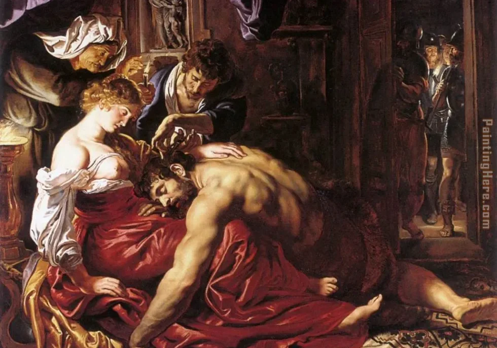 A baroque painting depicting a dramatic scene where a woman cuts the hair of a sleeping man as others watch.