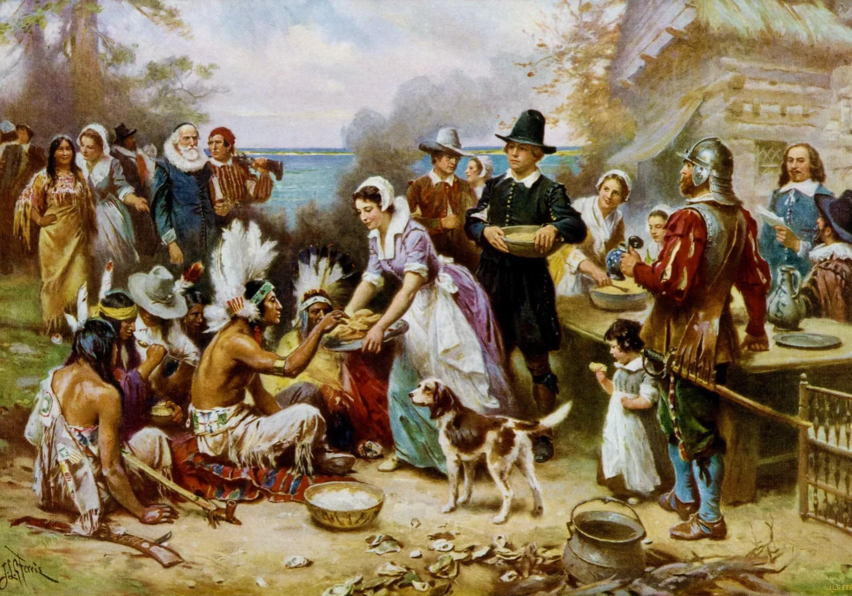 A painting depicting a historical scene of a gathering between european settlers and native americans, possibly representing a moment of cultural exchange or a thanksgiving-like event.