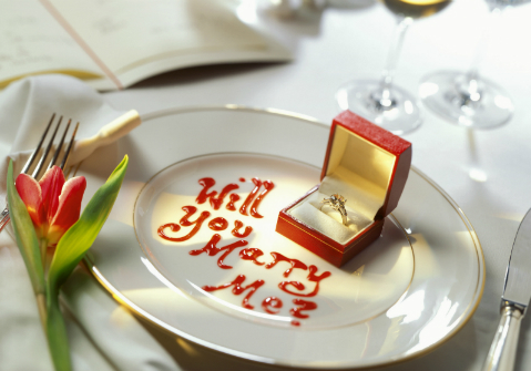 A marriage proposal setup with an engagement ring inside a red box on a plate with "will you marry me?" written in red sauce.